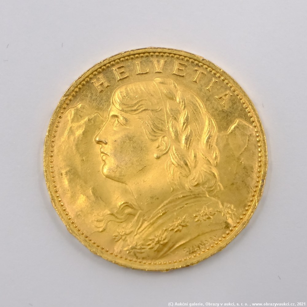 .. - Švýcarsko, zlatý 20 frank VRENELI 1925. Zlato 900/1000, hrubá hmotnost 6,5g