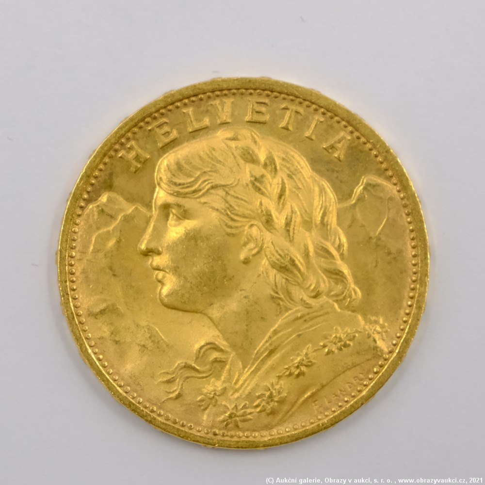 .. - Švýcarsko, zlatý 20 frank VRENELI 1927. Zlato 900/1000, hrubá hmotnost 6,5g