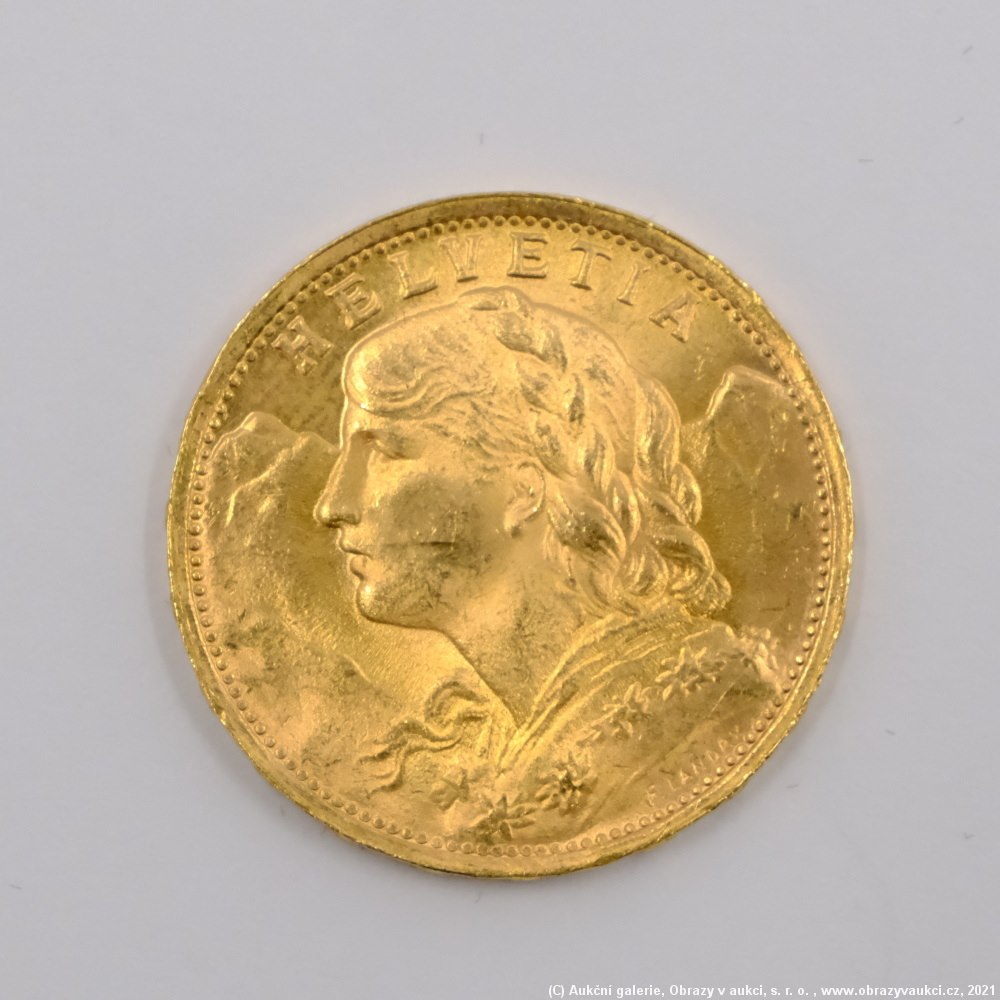 .. - Švýcarsko, zlatý 20 frank VRENELI 1935 LB. Zlato 900/1000, hrubá hmotnost 6,5g