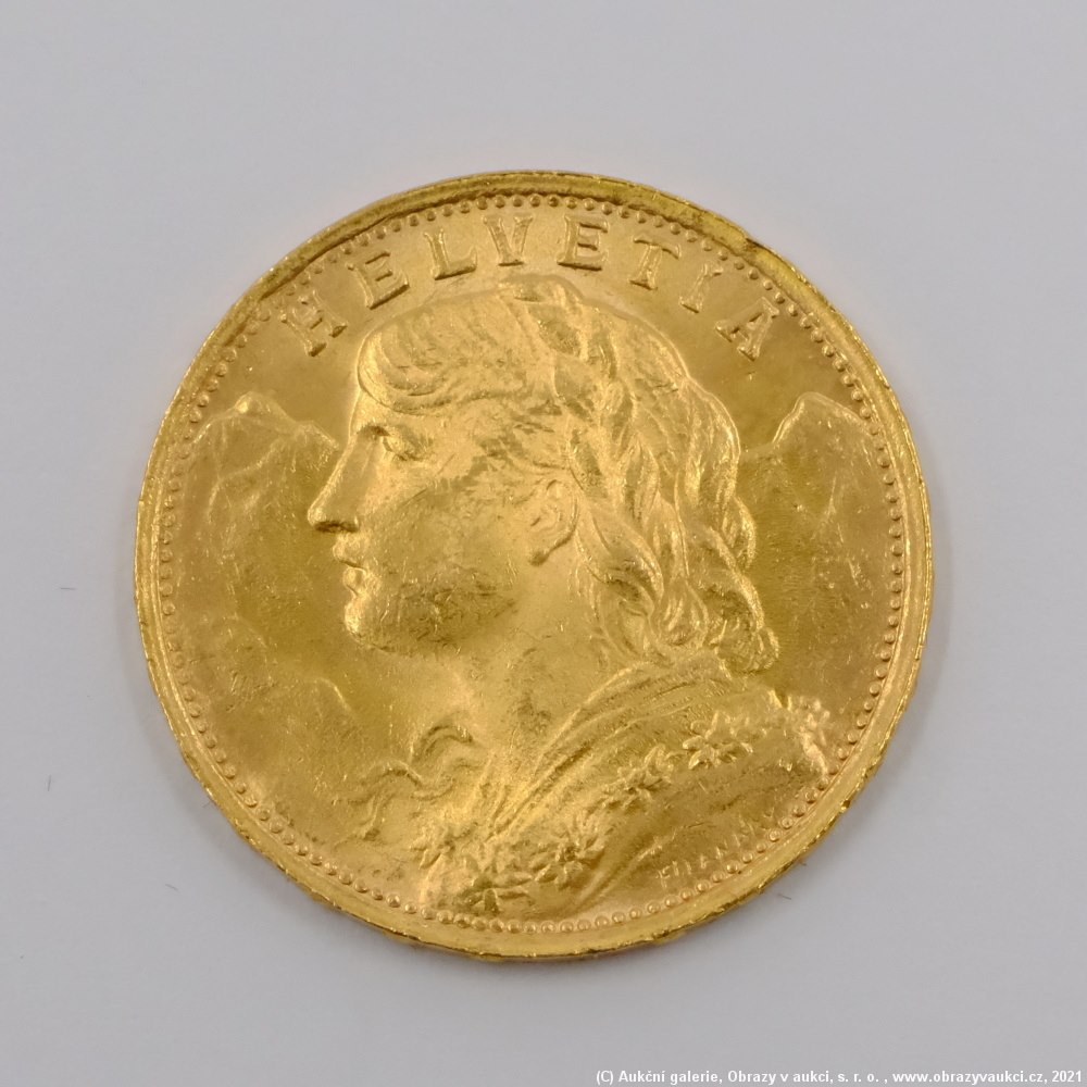 .. - Švýcarsko, zlatý 20 frank VRENELI 1947 B. Zlato 900/1000, hrubá hmotnost 6,5g