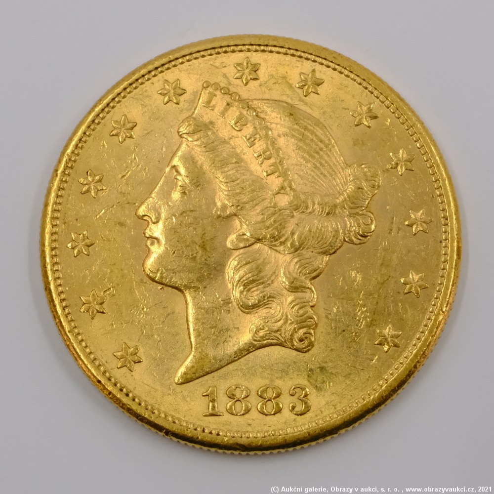 .. - Zlatá mince American Double Eagle Liberty Head 1883 S. Zlato 900/1000, hrubá hmotnost 33,43g