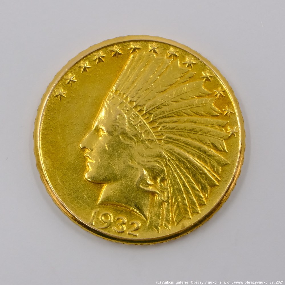 .. - Zlatá mince American Indian Head 10 dollar 1932 P. Zlato 900/1000, hrubá hmotnost 16,72g,