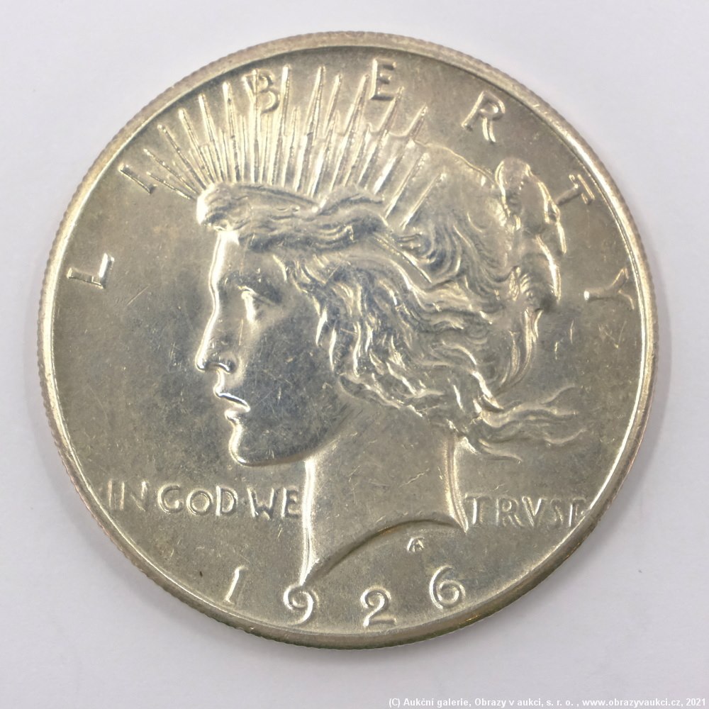 .. - Stříbrná mince 1 dolar Mírový 1926 S. Stříbro 900/1000, hrubá hmotnost 26,73g