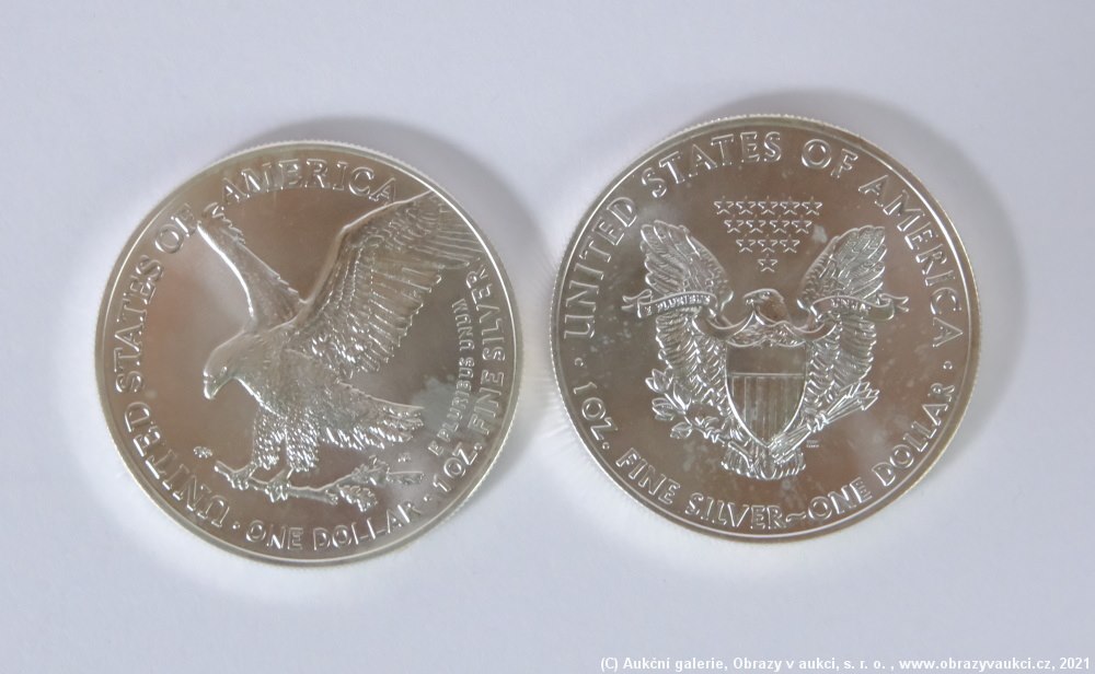 .. - 2 kusy Stříbrné mince 1 Unce 1 dolar SVOBODA 2011 a 2021. Stříbro 999/1000, hrubá hmotnost 62,30g