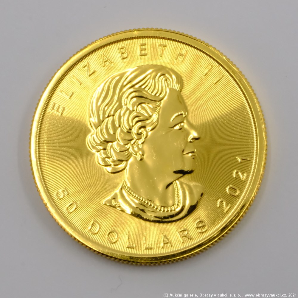 .. - Zlatá  1Uncová mince 50 CAD JAVOROVÝ LIST Kanada. Zlato 999,9/1000, hrubá hmotnost 31,15g