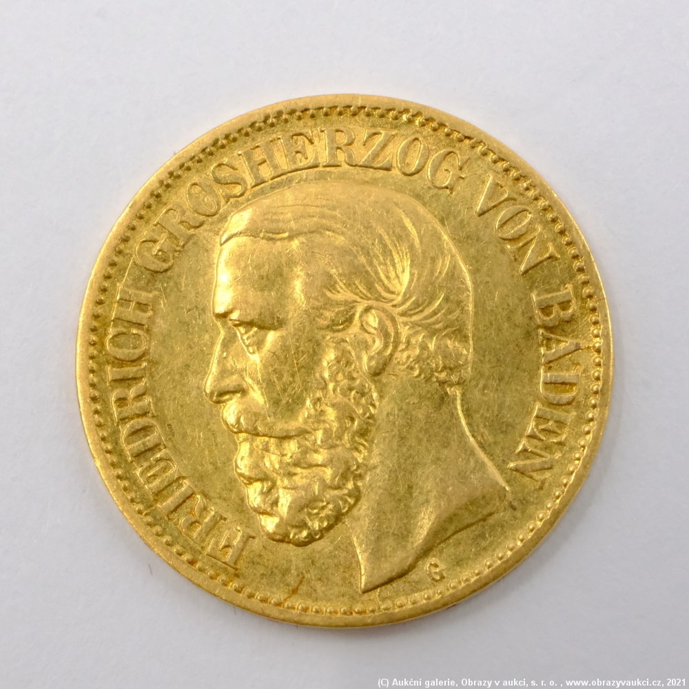 .. - Zlatá 10 Marka 1897 G velkovévoda Friedrich von Baden. Zlato 900/1000, hrubá hmotnost 3,982g
