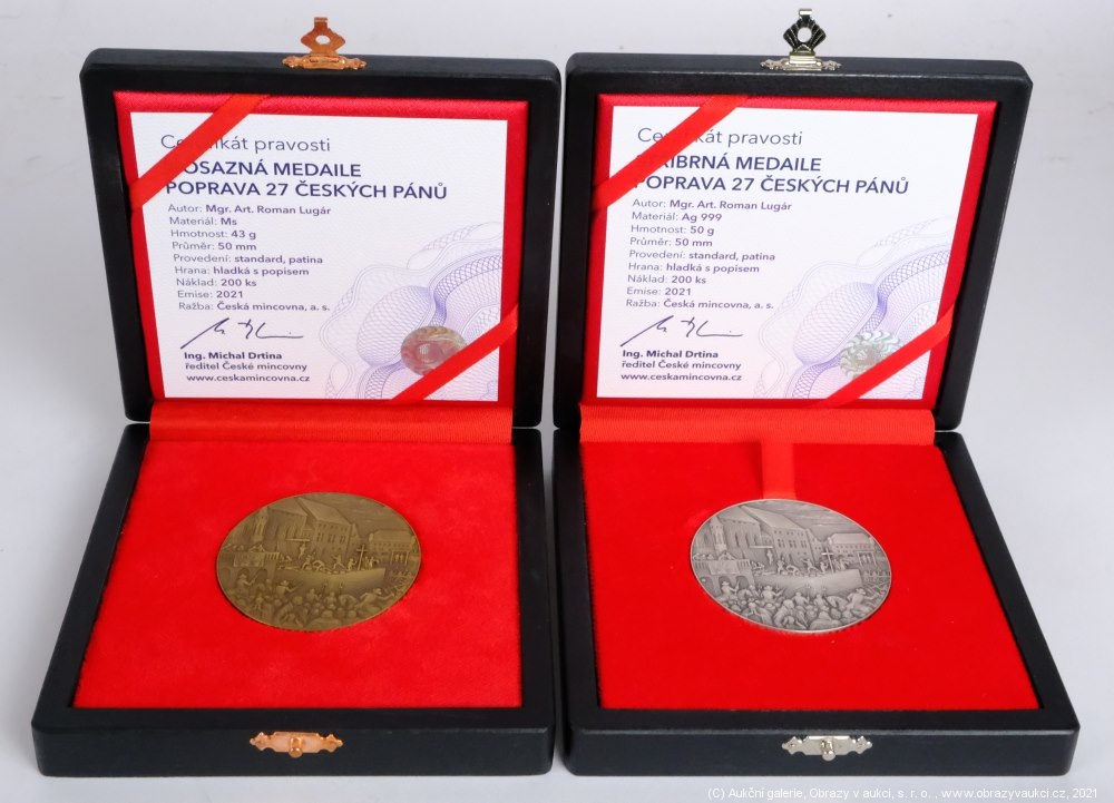 .. - Výroční stříbrná a mosazná medaile k popravě 27 českých pánů v roce 1621 R. Stříbro 999/1000, hrubá hmotnost 50g. Mosaz, hmotnost 43g