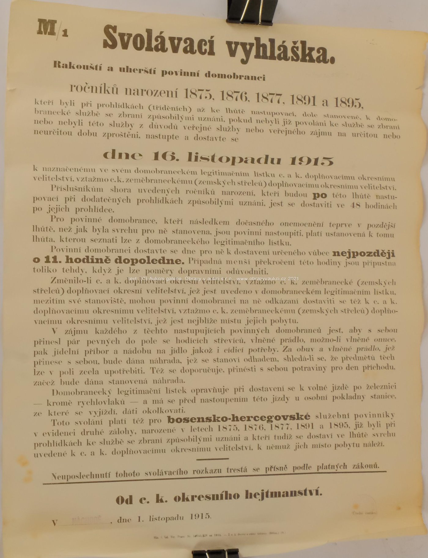 .. - Svolávací vyhláška z 1.11.1915