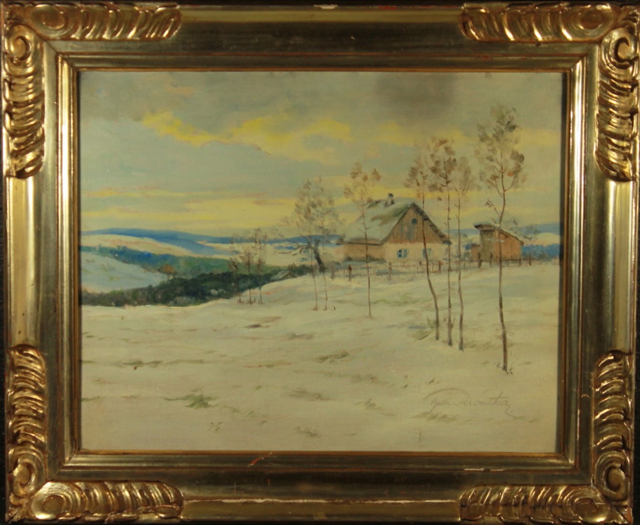 Bedřich Peroutka - Chalupa v zimě na kopci