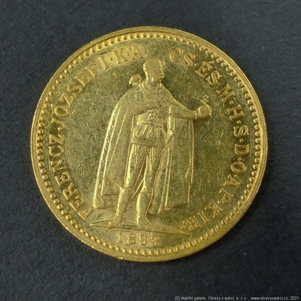 Neznámý autor - Rakousko Uhersko zlatá 10 Koruna 1893 K.B. uherská. Zlato 900/1000, hrubá hmotnost mince 3,387g
