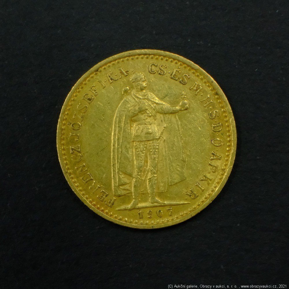 Neznámý autor - Rakousko Uhersko zlatá 10 Koruna 1907 K.B. uherská. Zlato 900/1000, hrubá hmotnost mince 3,387g