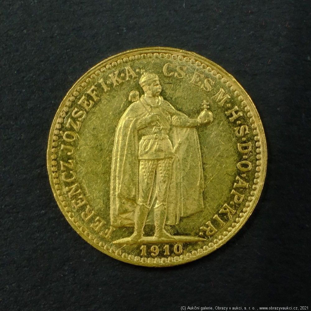 Neznámý autor - Rakousko Uhersko zlatá 10 Koruna 1910 K.B. uherská. Zlato 900/1000, hrubá hmotnost mince 3,387g