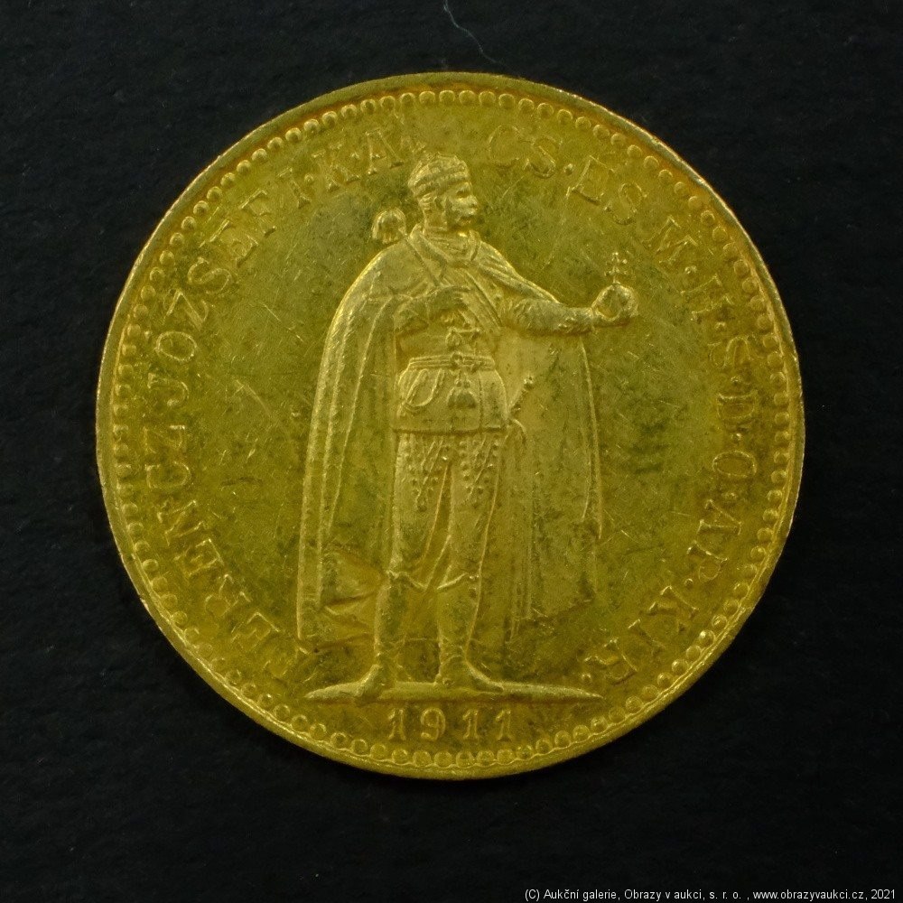 Neznámý autor - Rakousko Uhersko zlatá 10 Koruna 1911 K.B. uherská. Zlato 900/1000, hrubá hmotnost mince 3,387g