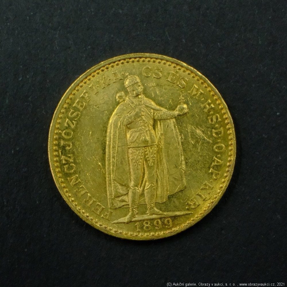 Neznámý autor - Rakousko Uhersko zlatá 20 Koruna 1899 uherská. Zlato 900/1000, hrubá hmotnost mince 6,78g