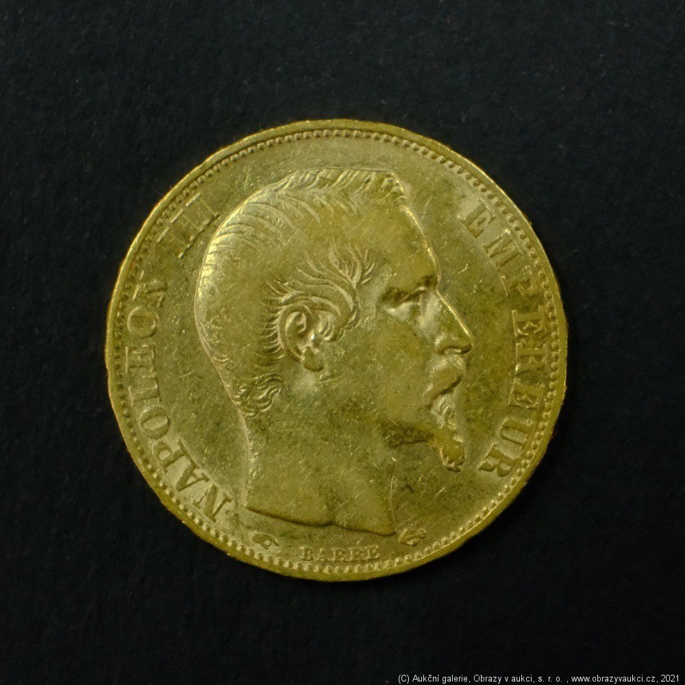 Neznámý autor - Francie zlatý 20 frank NAPOLEON III. 1856 A. Zlato 900/1000, hrubá hmotnost 6,45g