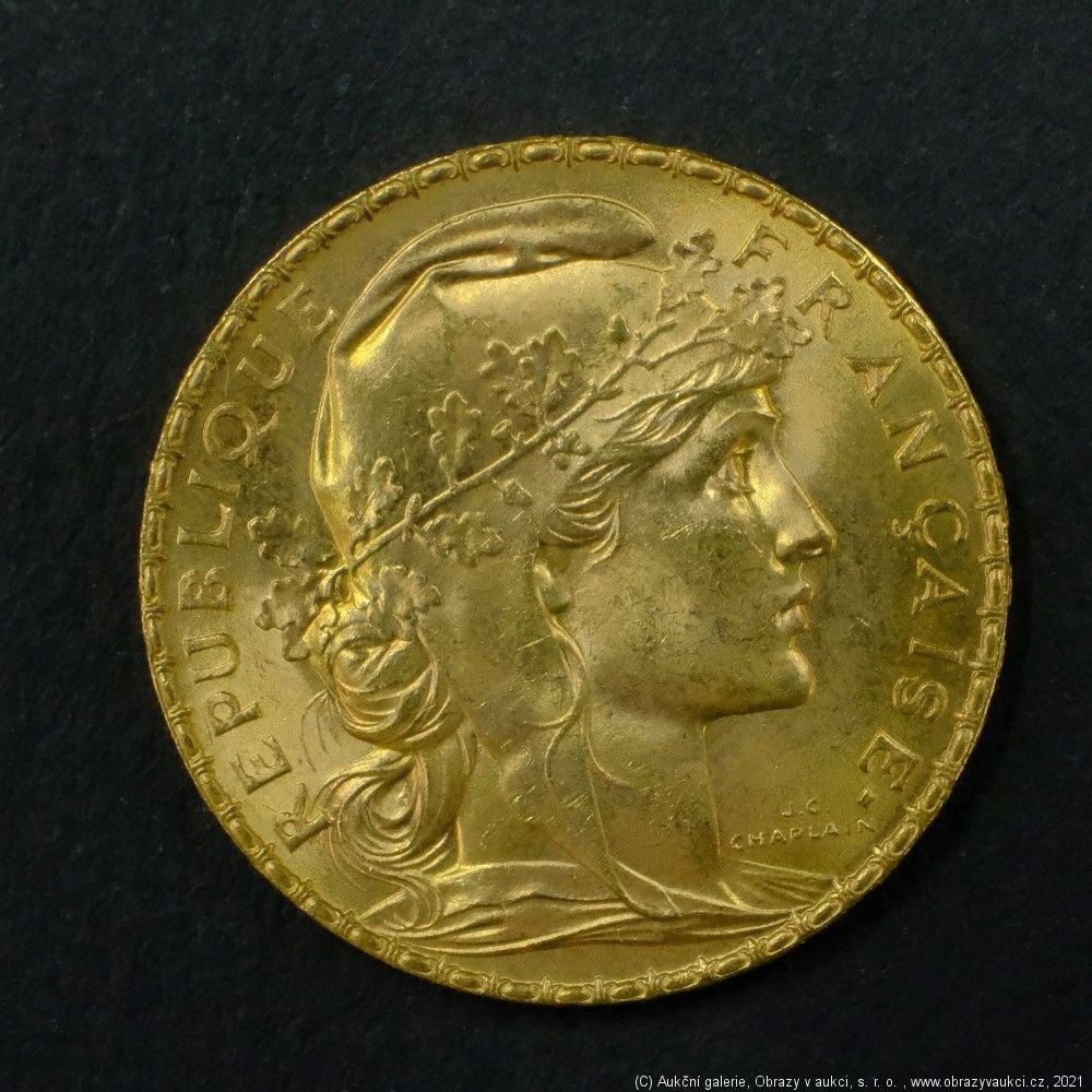 Neznámý autor - Francie zlatý 20 frank ROOSTER 1909. Zlato 900/1000, hrubá hmotnost 6,44g
