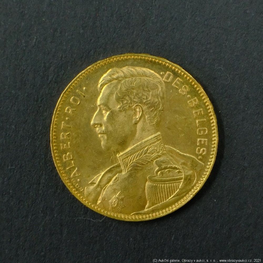 Neznámý autor - Belgie zlatý 20 frank ALBERT I. 1914. Zlato 900/1000, hrubá hmotnost 6,45g