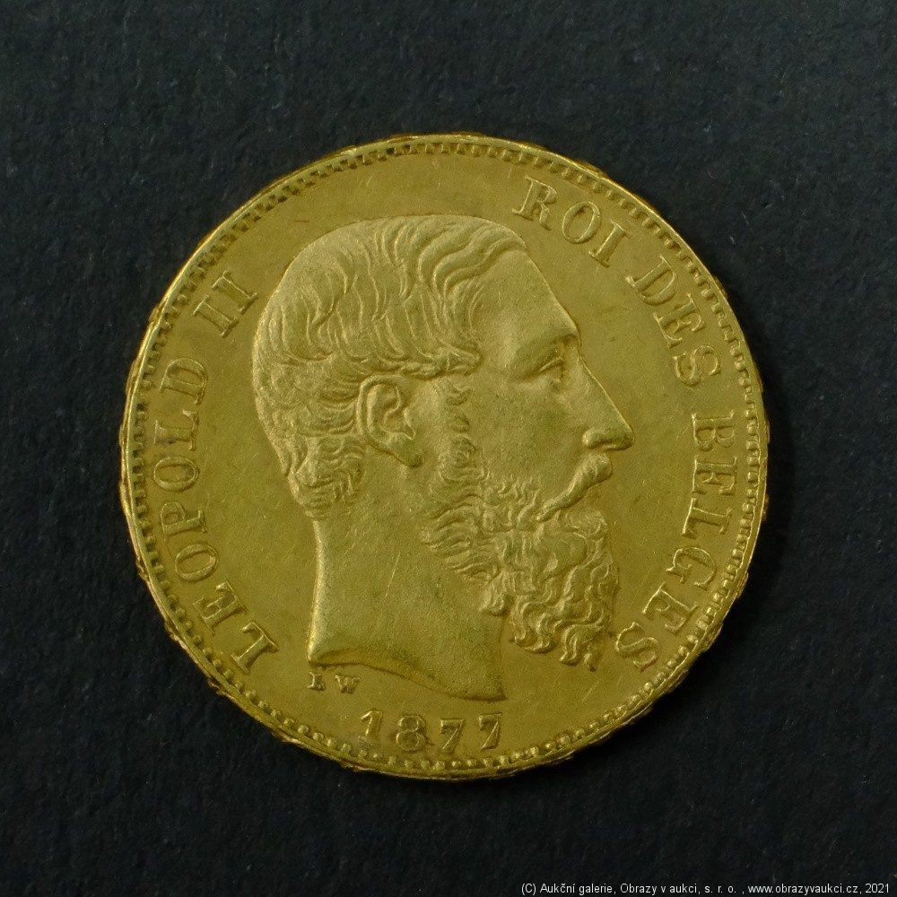 Neznámý autor - Belgie zlatý 20 frank Leopold II. 1877. Zlato 900/1000, hrubá hmotnost 6,45g