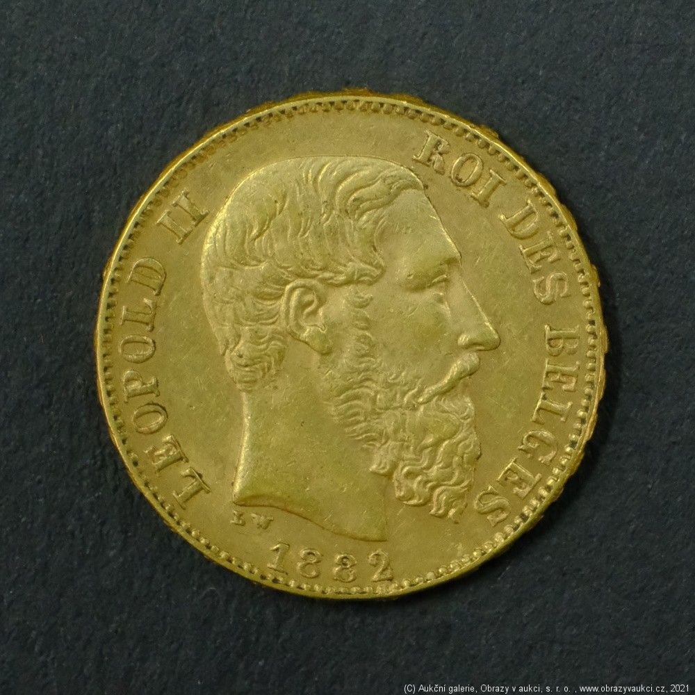 Neznámý autor - Belgie zlatý 20 frank Leopold II. 1882. Zlato 900/1000, hrubá hmotnost 6,45g 