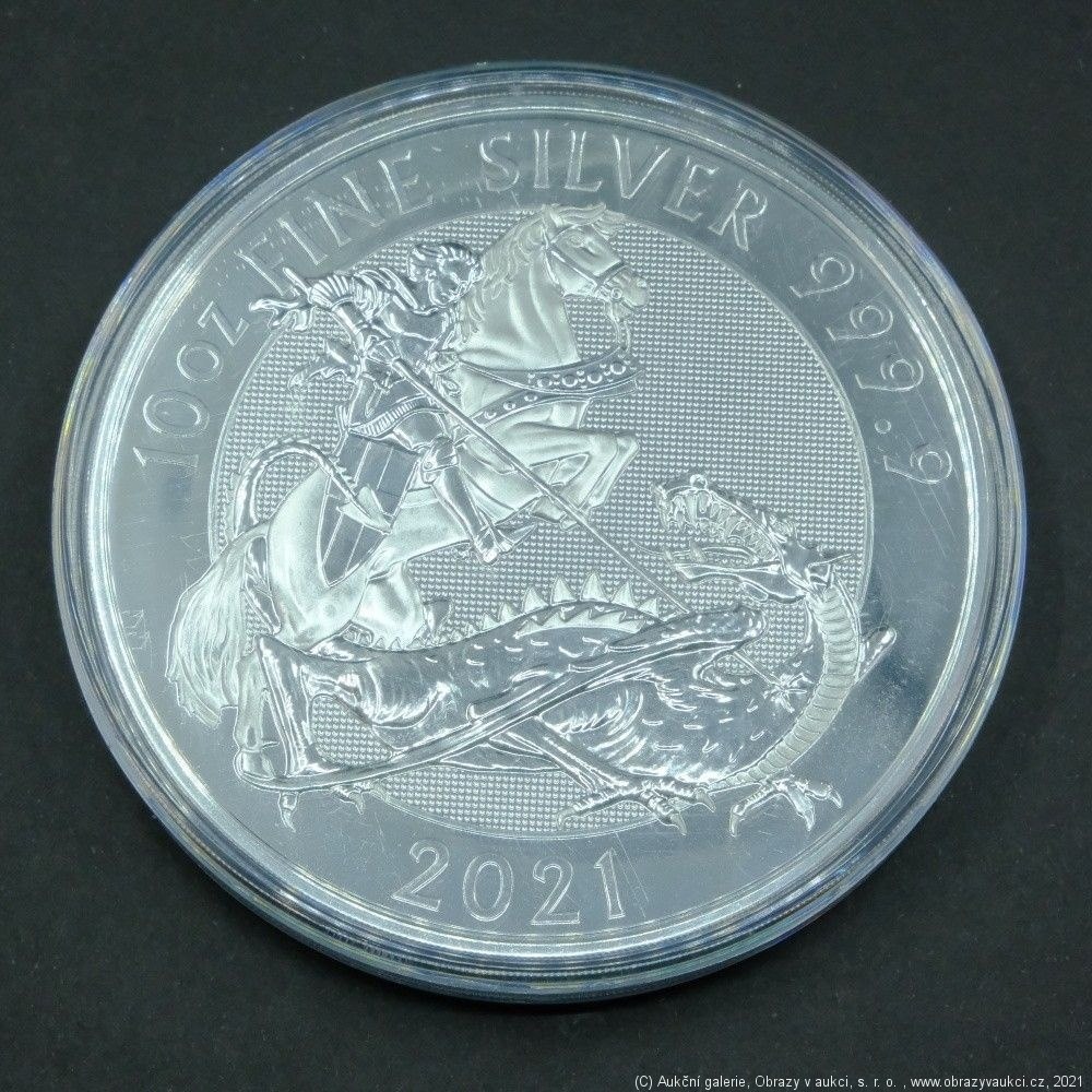 Neznámý autor - 10 Uncová stříbrná mince 2021 Valiant boj s  drakem. Stříbro 999,9/1000, hrubá hmotnost 311,5 g