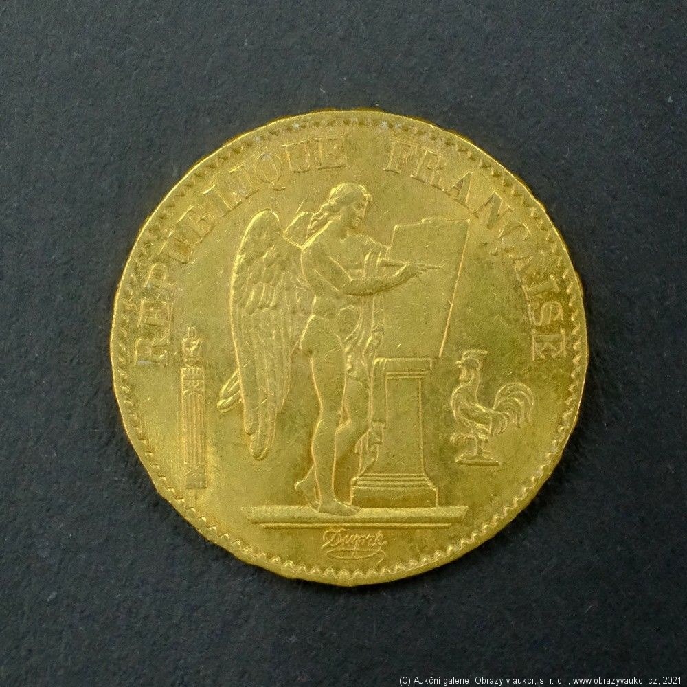 Neznámý autor - Francie zlatý 20 frank Anděl štěstí 1877. Zlato 900/1000, hrubá hmotnost 6,44g