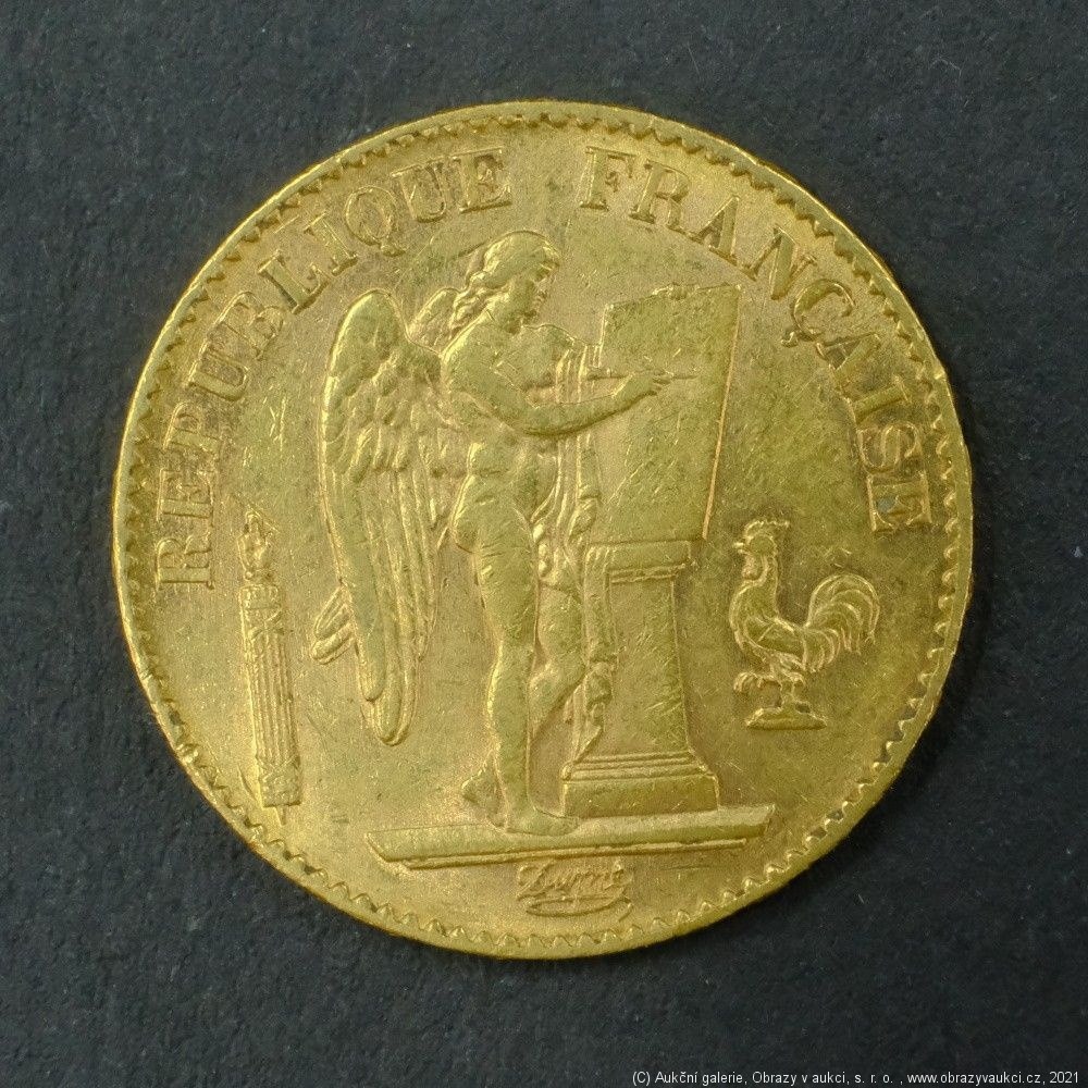 Neznámý autor - Francie zlatý 20 frank Anděl štěstí 1895. Zlato 900/1000, hrubá hmotnost 6,44g