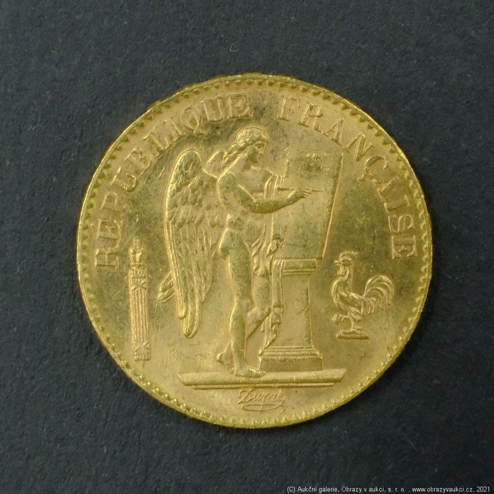 Neznámý autor - Francie zlatý 20 frank Anděl štěstí 1896. Zlato 900/1000, hrubá hmotnost 6,44g