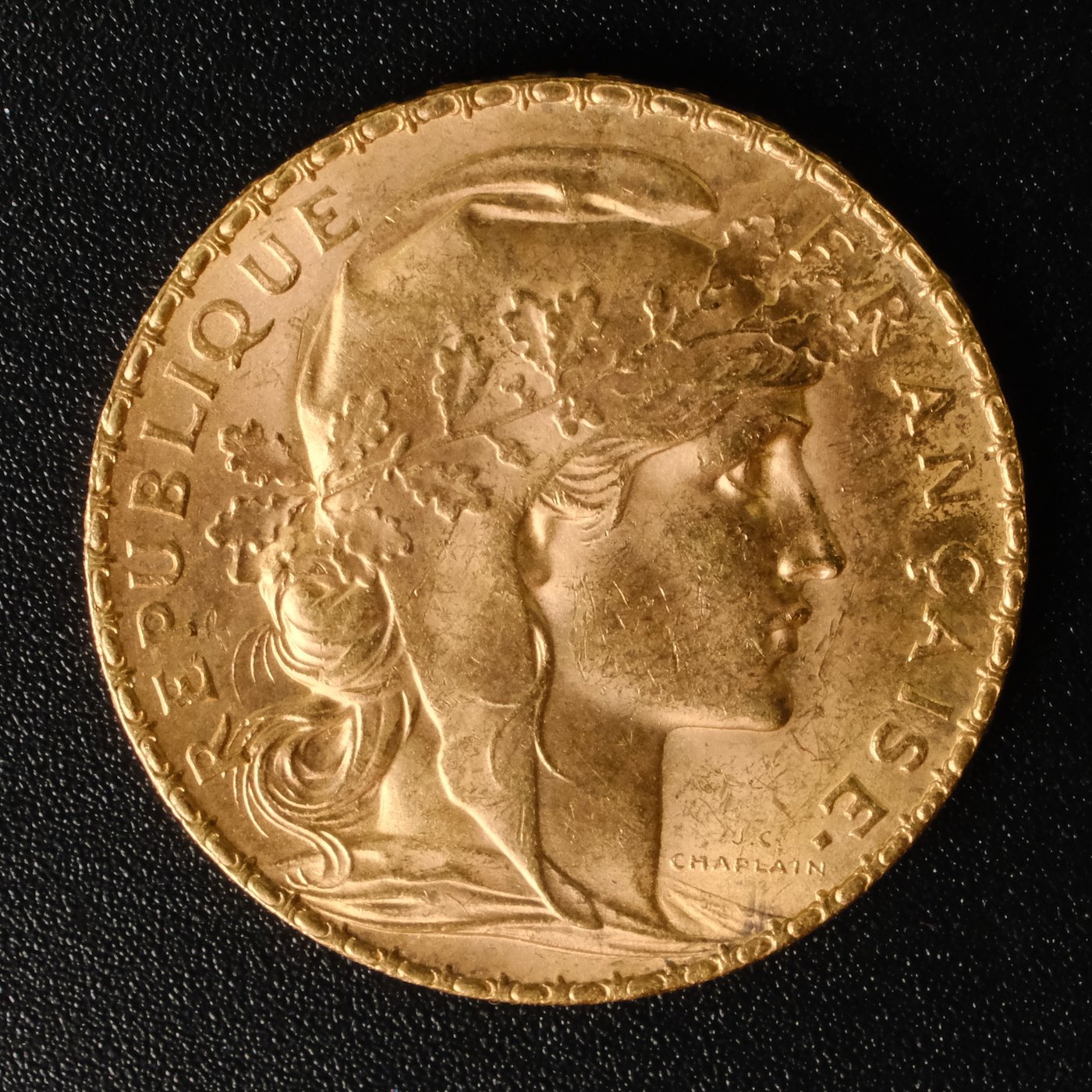 Mince - Francie zlatý 20 frank ROOSTER 1908, Zlato 900/1000, hrubá hmotnost 6,44g