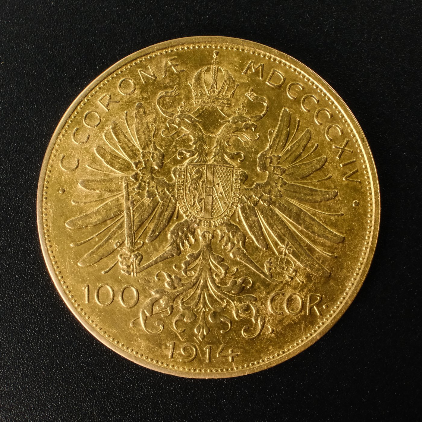 Mince - Rakousko Uhersko zlatá 100 Koruna  1914 originální ražba RR!! Zlato 900/1000, hrubá hmotnost mince 33,875g