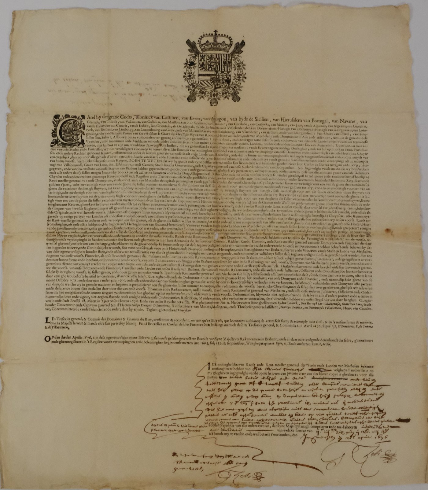 2. polovina 17. století - Královský dokument z dubna 1676 s erbem Karla II., španělského krále