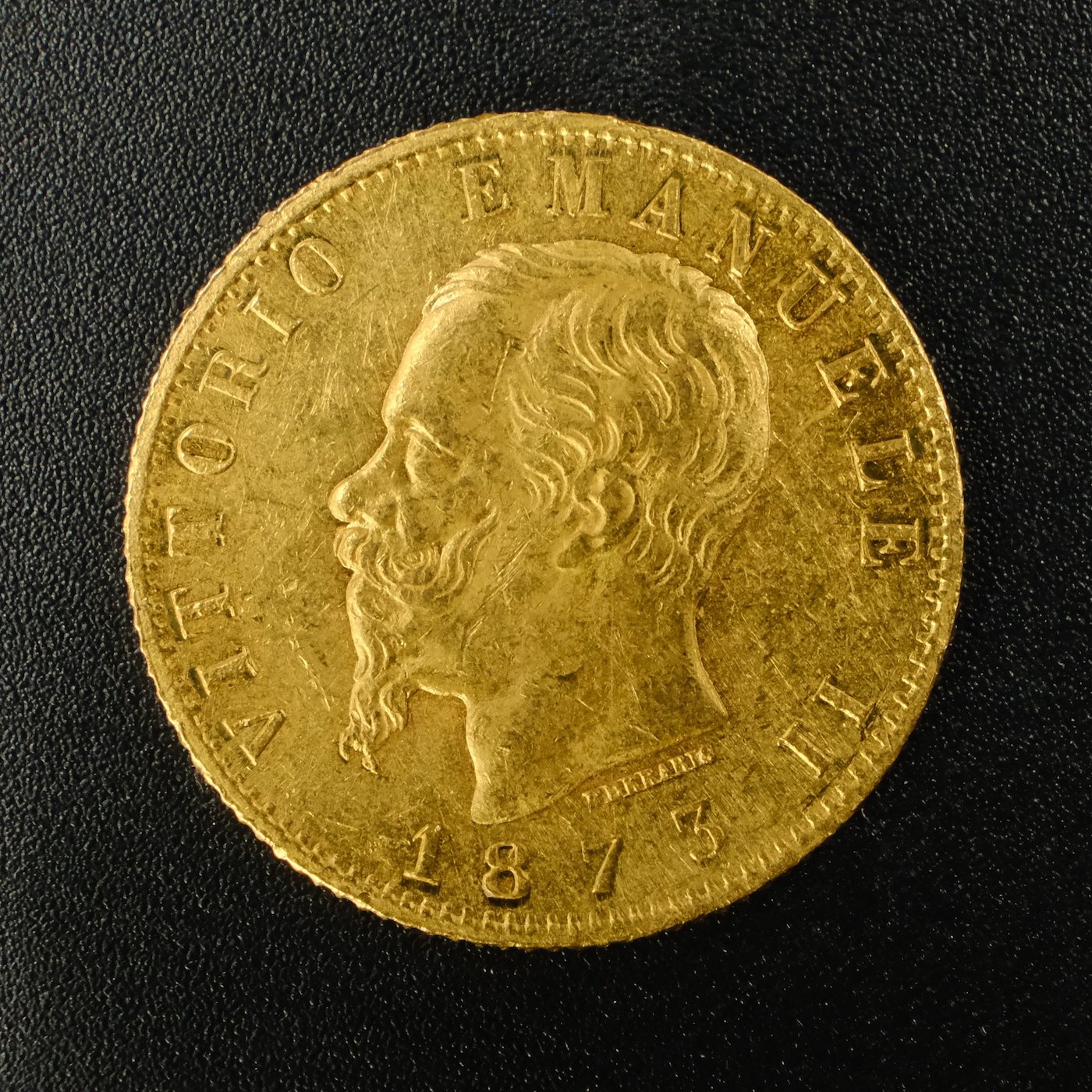 Mince - Zlatá 20 Lira. 1873 M BN  král Victor Emanuel II., zlato 900/1000, hmotnost hrubá 6,45g