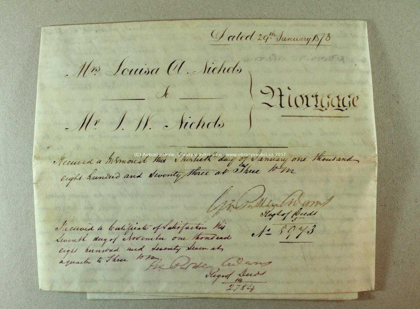 . - Zástavní smlouva na nemovitost z r. 1873