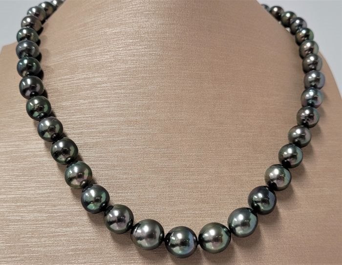 .. - Luxusní perlový náhrdelník - vzácné paví zelené Tahitské perly