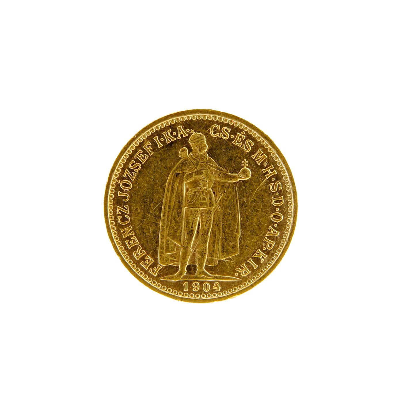 Mince - Rakousko Uhersko zlatá 10 Koruna 1904 K.B. uherská. Zlato 900/1000, hrubá hmotnost mince 3,387g