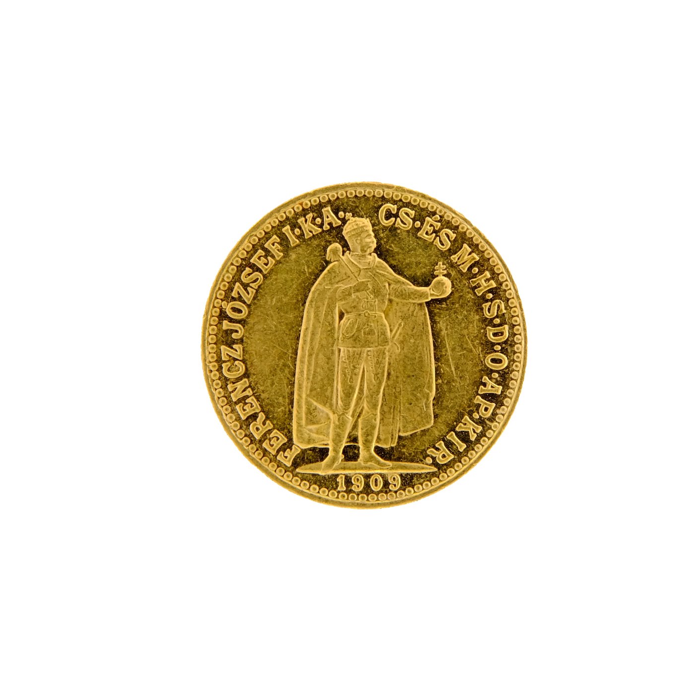 Mince - Rakousko Uhersko zlatá 10 Koruna 1909 K.B. uherská. Zlato 900/1000, hrubá hmotnost mince 3,387g