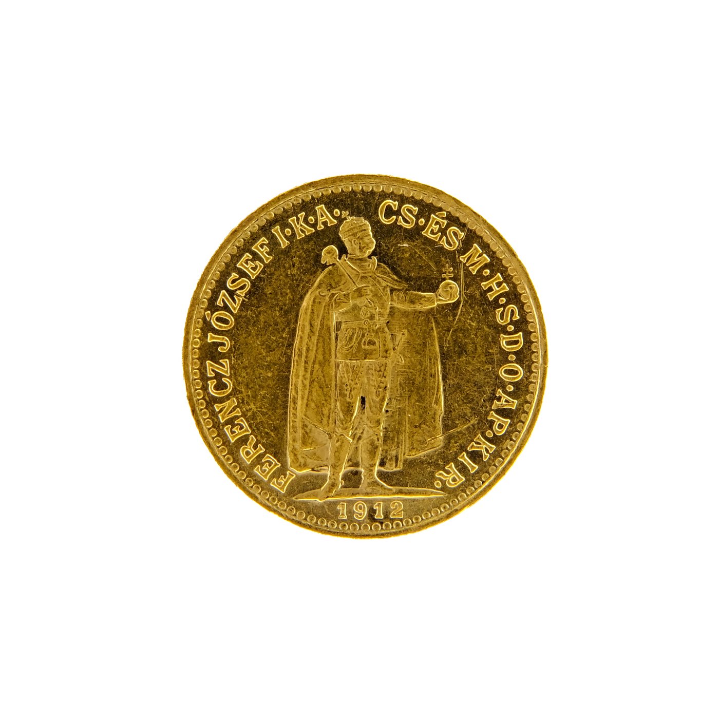Mince - Rakousko Uhersko zlatá 10 Koruna 1912 K.B.  uherská. Zlato 900/1000, hrubá hmotnost mince 3,387g