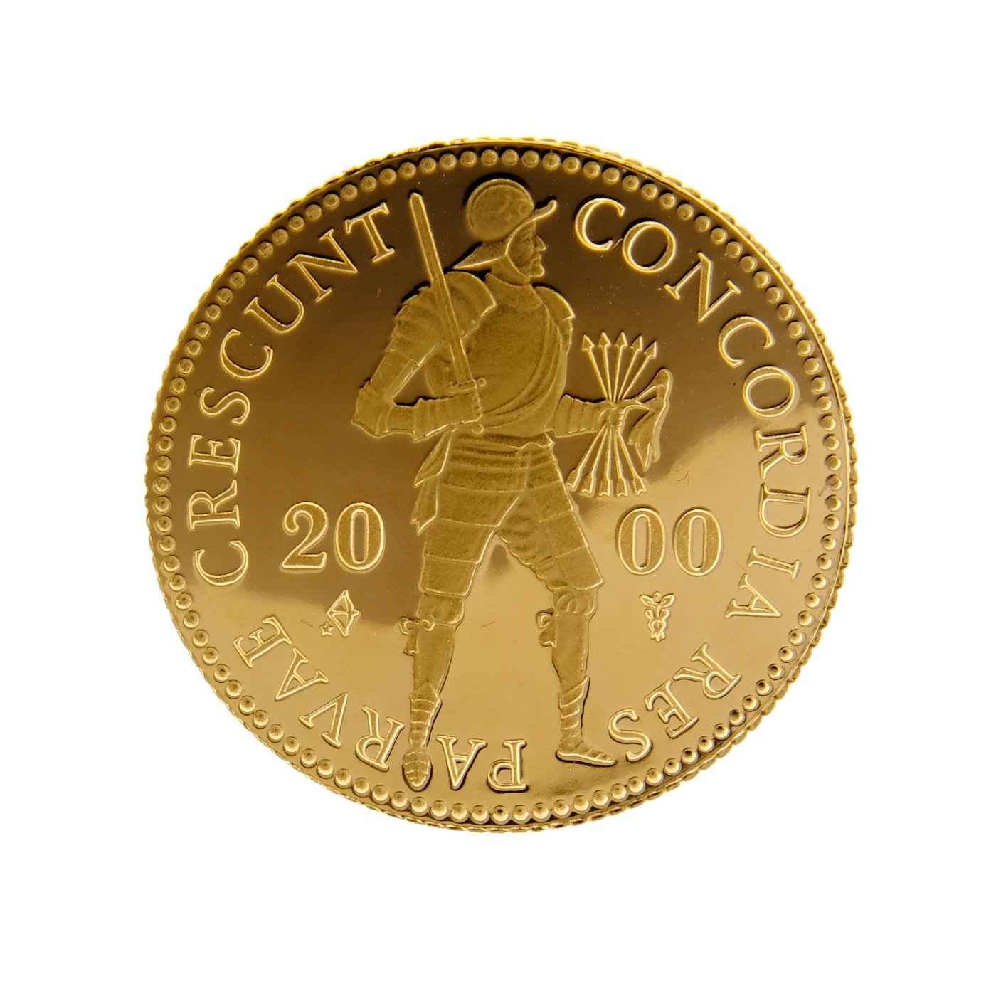Mince - Nizozemsko zlatý obchodní dukát 2000 PROOF certifikát. Zlato 983/1000, hrubá hmotnost 3,494g.