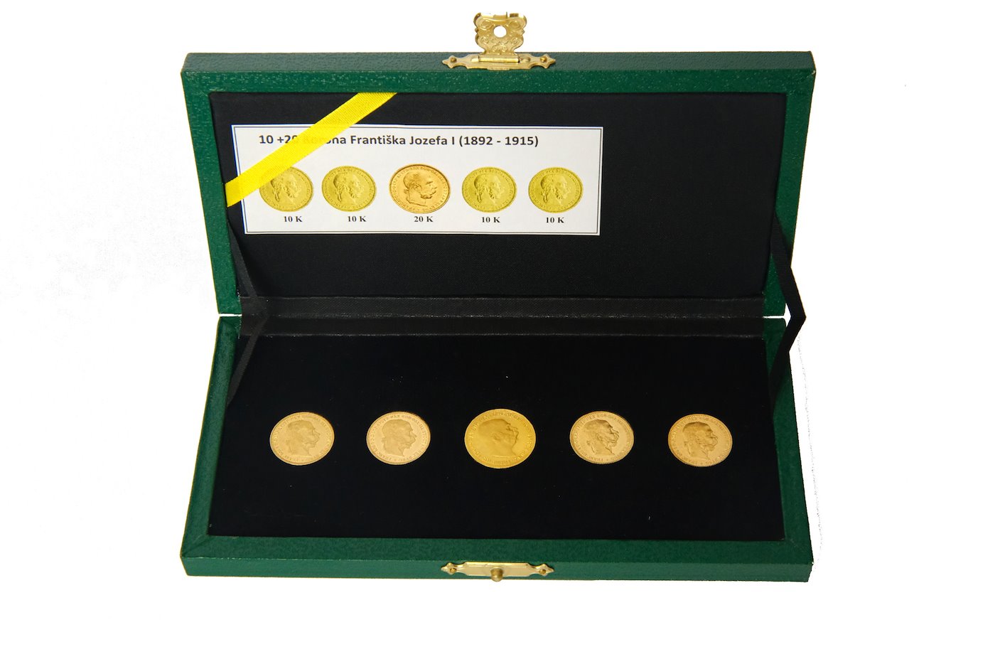 Mince -  SADA 5 mincí Rakousko Uhersko v  etue  zlaté mince 10 koruny rakouské 1896,7 1905,6 plus 20 koruna 1915. Zlato 900/1000, hrubá hmotnost mince 3,387g.
