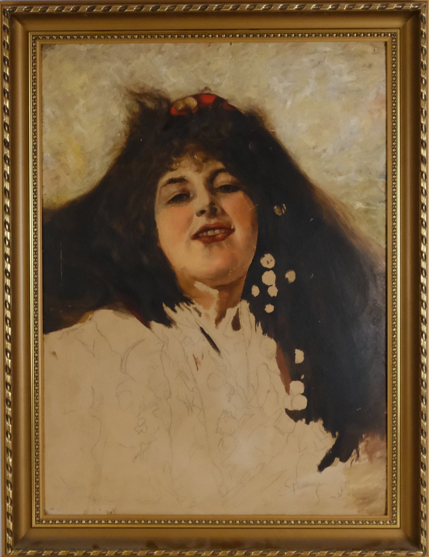 signatura nečitelná - Portrét dívky v duchu Gustava Klimta