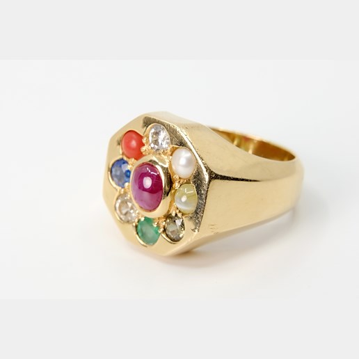 .. - Prsten s diamantem a barevnými kameny, zlato 750/1000, hrubá hmotnost 12,70 g.