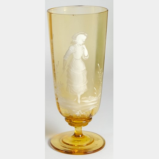 konec 19. stol. - Starožitný skleněný žlutý pohár s ruční malbou