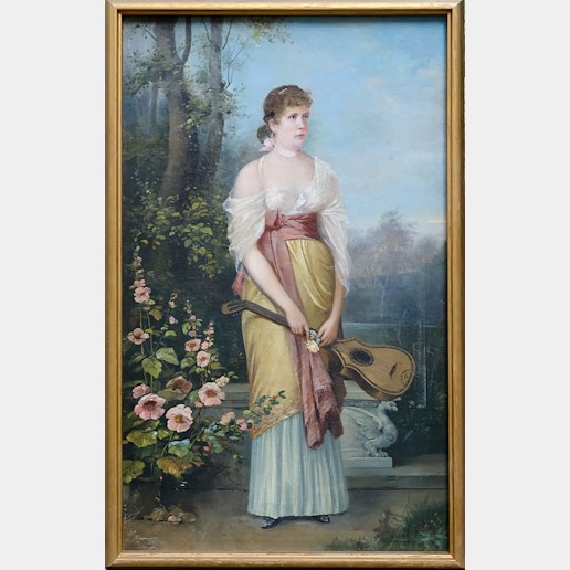 evropský malíř 19. stol. - Dívka s kytarou v zámecké zahradě