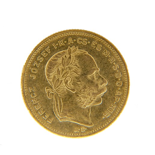 .. - Rakousko Uhersko zlatý 8 zlatník / 20 frank  1877 KB Kremnica, zlato 900/1000, hrubá hmotnost mince 6,45g.
