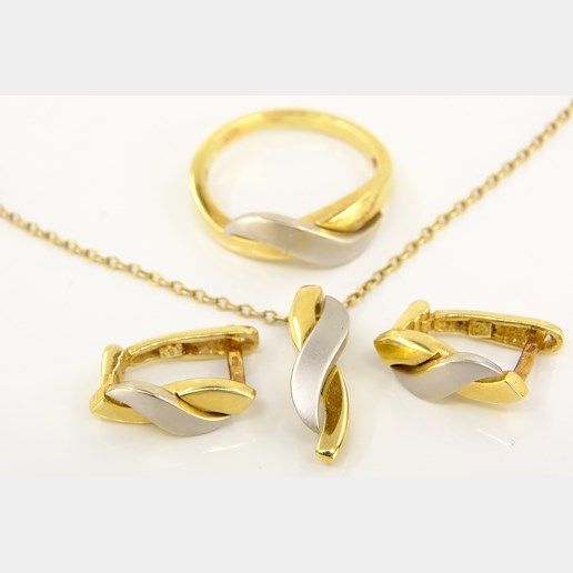 .. - Celistvá souprava šperků, řetízek naušnice a prstýnek, zlato 585/1000, hrubá hmotnost 9,97 g