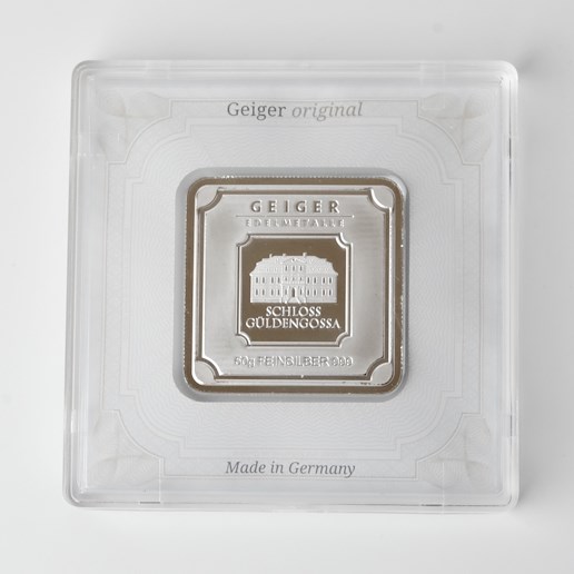 .. - Stříbrný ražený ingot, zámek Guldengossa od švýcarské společnosti Geiger, stříbro 999/1000, hrubá hmotnost 50g.
