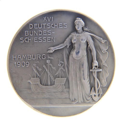 .. - Stříbrná medaile 16. Německá spolková střelba Hamburg 1909, stříbro 900/1000, hrubá hmotnost 24,52g.