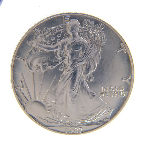 .. - Stříbrný USA LIBERTY 1USD. 1987 1 oz, stříbro 999/1000, hrubá hmotnost 31,1g.