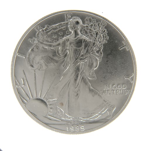 .. - Stříbrný USA LIBERTY 1USD. 1989 1 oz, tříbro 999/1000, hrubá hmotnost 31,1g.