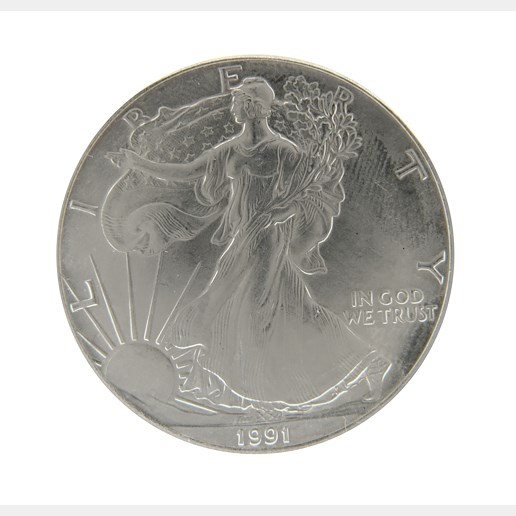 .. - Stříbrný USA LIBERTY 1USD. 1991 1 oz, stříbro 999/1000, hrubá hmotnost 31,1g.