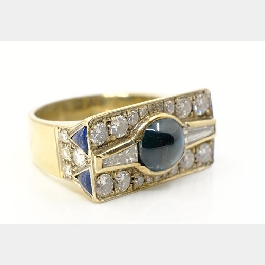 .. - Prsten s diamanty a safíry, zlato 750/1000, hrubá hmotnost 10,35 g